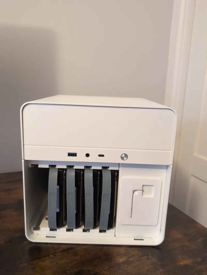 Top of case back on, hard drive bay opened