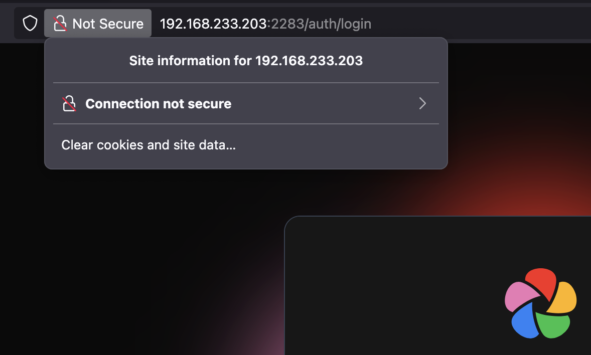 Local login page with "not secure" warning
