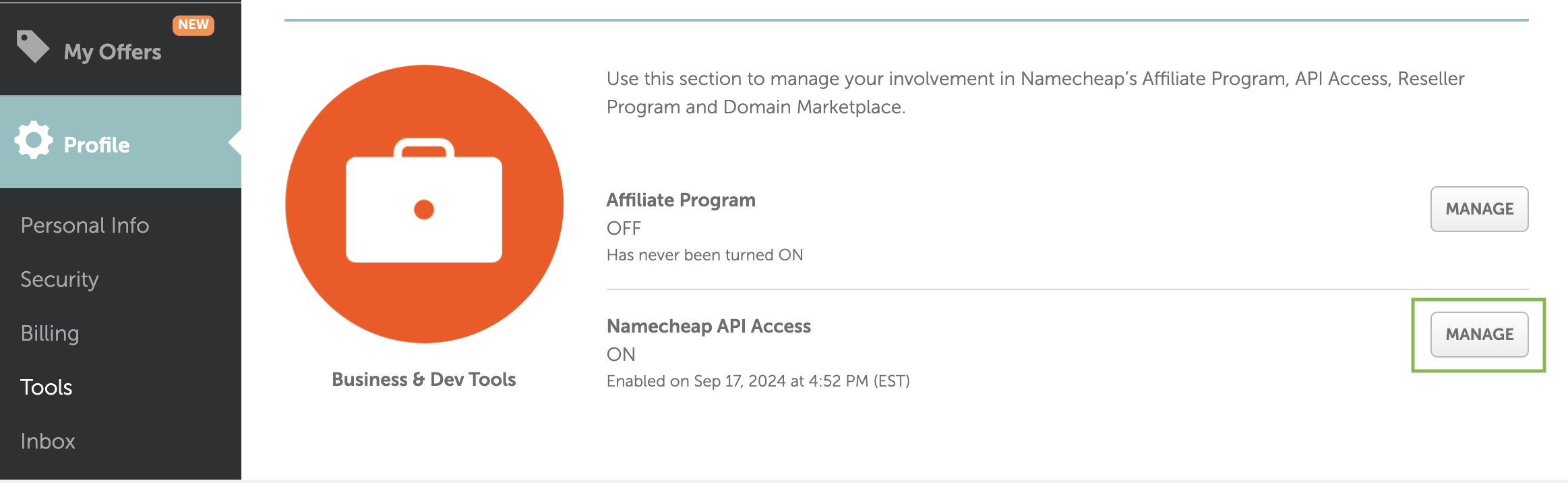 Namecheap settings